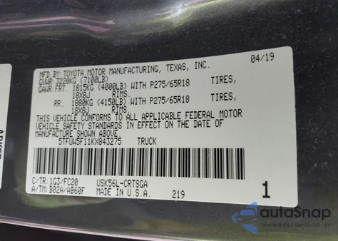 2019 Toyota Tundra Sr5 5.7L V8 z USA, uszkodzony, nr VIN 5TFUW5F11KX843275